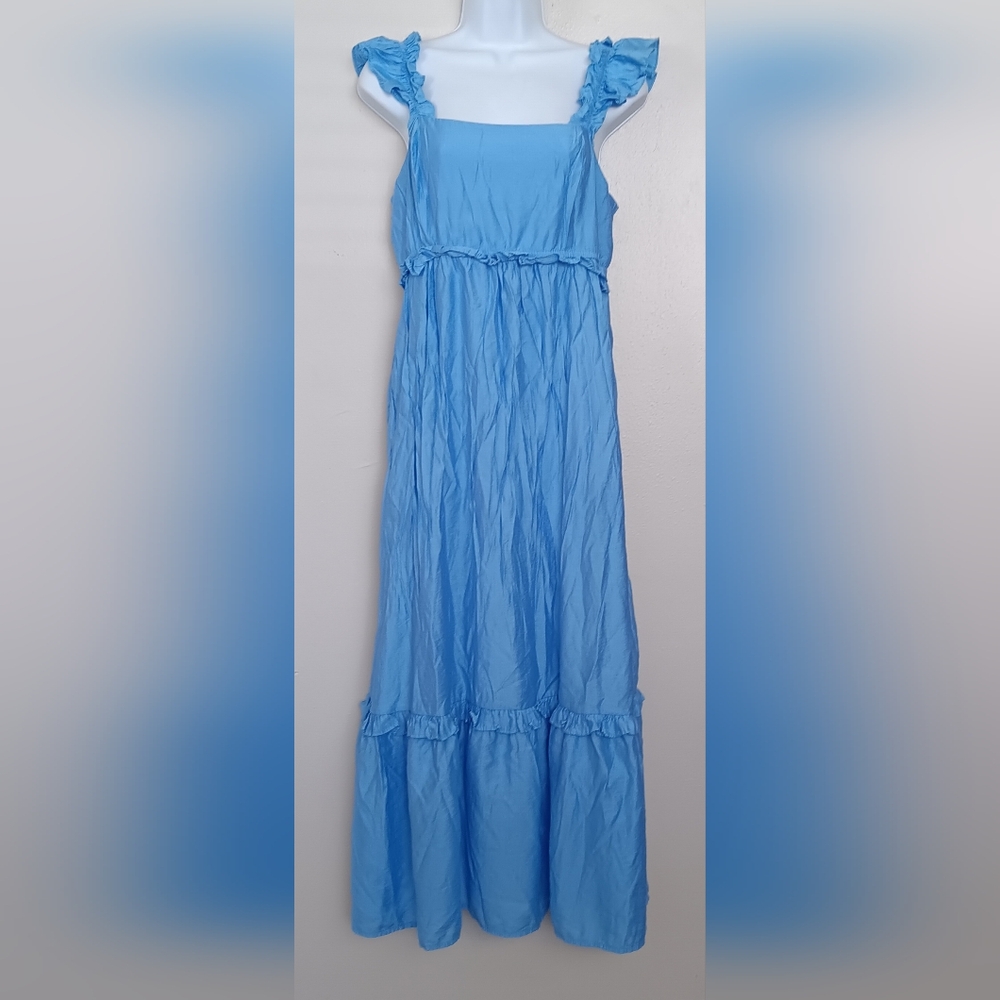 Blu Pepper Smocked Back Midi Dress Square Neckline Ruffed Strap Lined Sky Blue L